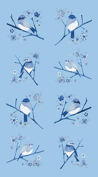 SALE Sunshine and Dewdrops Birds Panel P11978 Sky by Riley Blake - Bird Branches Flowers Blue - Quilting Cotton Fabric