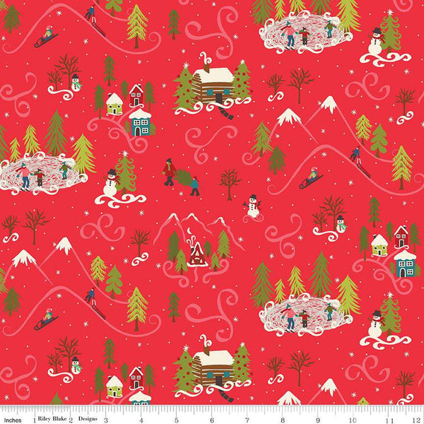SALE Winter Wonder Winter Scene C12061 Red - Riley Blake Designs - Christmas Cabins Trees Snowmen Skating Sledding - Quilting Cotton Fabric