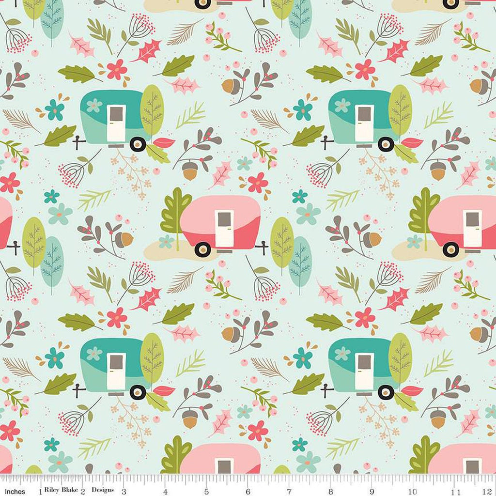 SALE Glamp Camp Main C12350 Mint - Riley Blake Designs - Glam Camping Glamping Trailers Flowers Leaves Green - Quilting Cotton Fabric