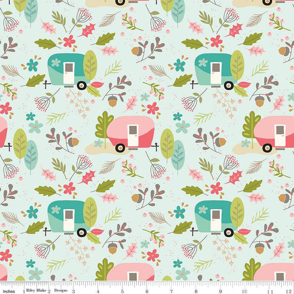 SALE Glamp Camp Main C12350 Mint - Riley Blake Designs - Glam Camping Glamping Trailers Flowers Leaves Green - Quilting Cotton Fabric