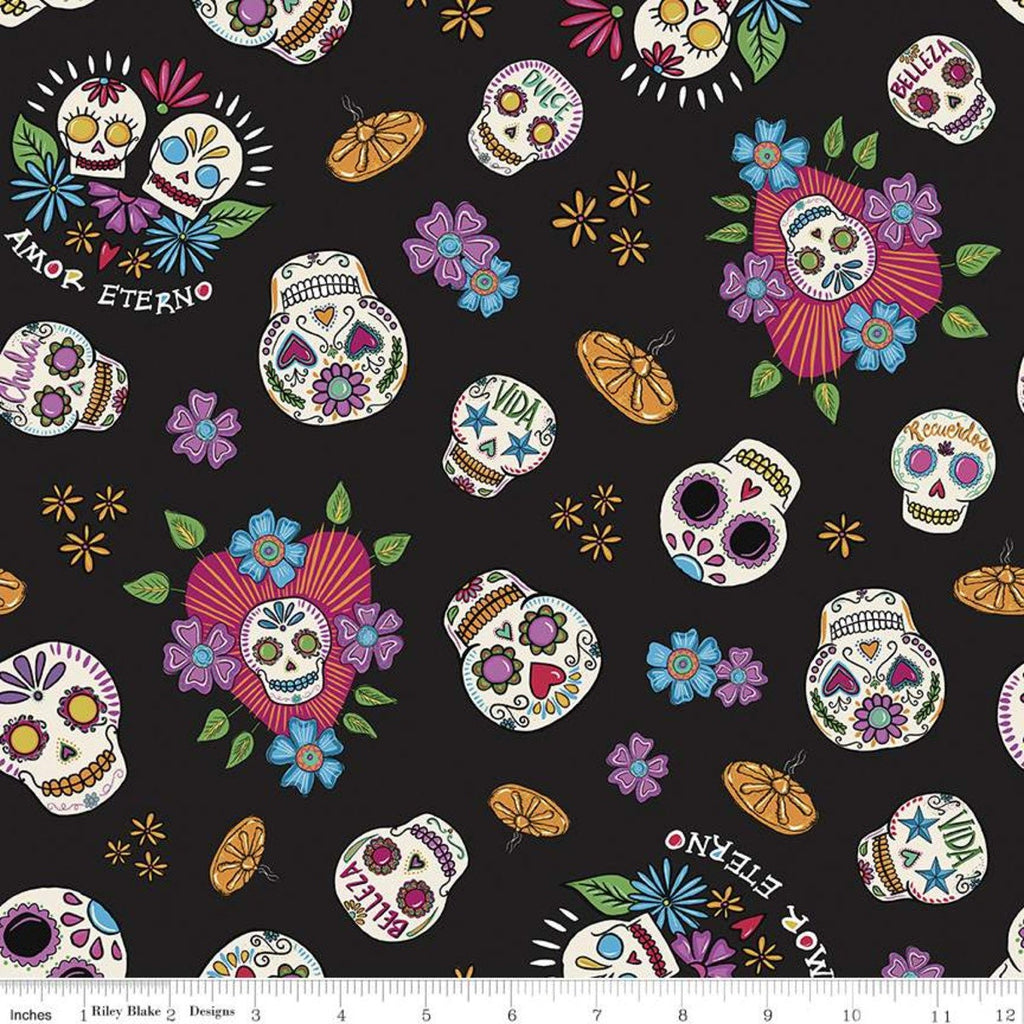 SALE Amor Eterno Skulls C11811 Black - Riley Blake Designs - Eternal Love Dia de Muertos Sugar Skulls Mexico - Quilting Cotton Fabric