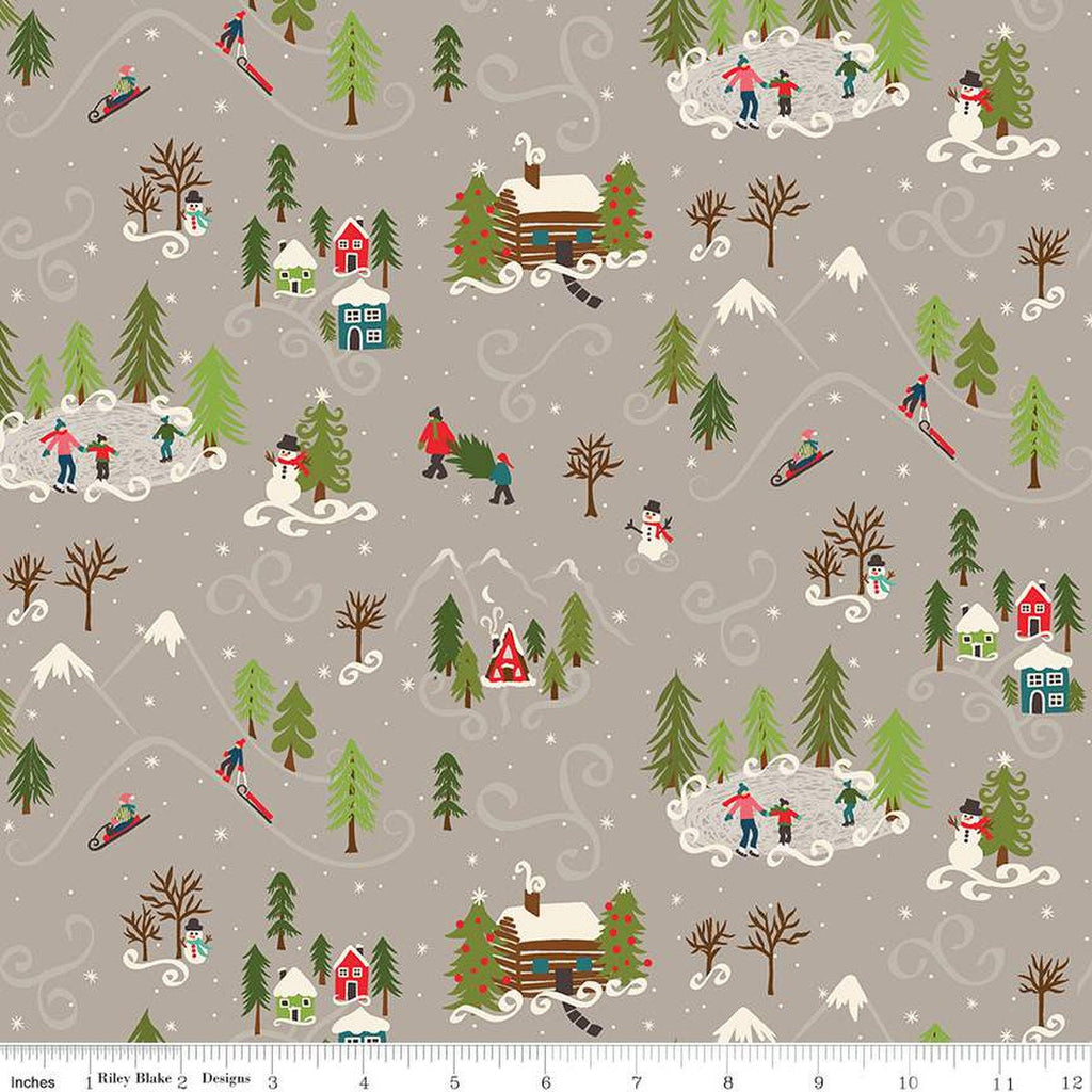 SALE Winter Wonder Winter Scene C12061 Gray - Riley Blake Designs - Christmas Cabins Trees Snowmen Skating - Quilting Cotton Fabric