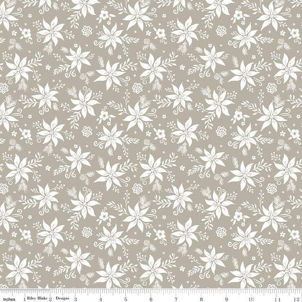 Winter Wonder Tonal C12065 Gray - Riley Blake Designs - Christmas Floral White Flowers Leaves Berries - Quilting Cotton Fabric