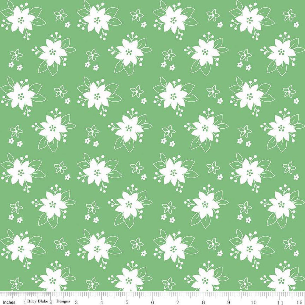 SALE Pixie Noel 2 Floral C12116 Green - Riley Blake Designs - Christmas White Flowers - Quilting Cotton Fabric