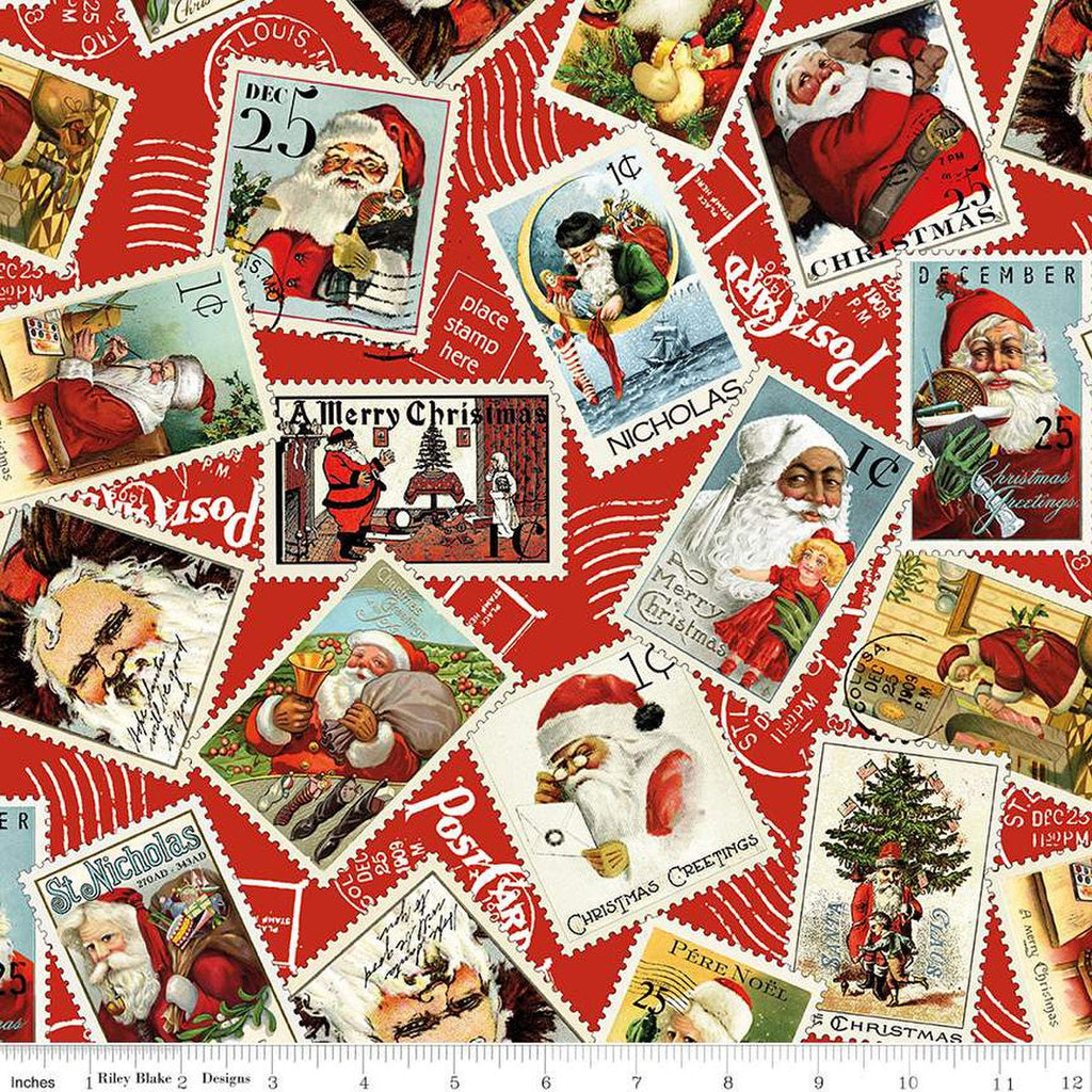 SALE Nicholas Santa Stamps CD12335 Red - Riley Blake Designs - Christmas Santa Claus Vintage DIGITALLY PRINTED - Quilting Cotton