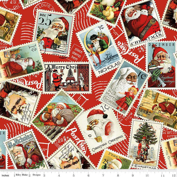 SALE Nicholas Santa Stamps CD12335 Red - Riley Blake Designs - Christmas Santa Claus Vintage DIGITALLY PRINTED - Quilting Cotton