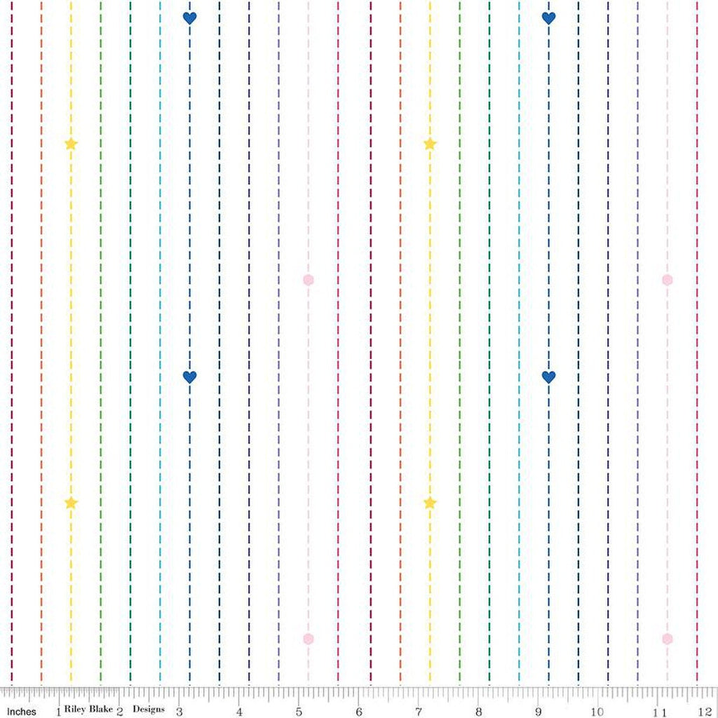 SALE Imagine Dashing Rainbow C12165 White - Riley Blake Designs - Dashes Dashed Lines Stripes Geometric Shapes - Quilting Cotton Fabric
