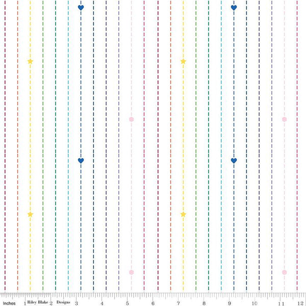SALE Imagine Dashing Rainbow C12165 White - Riley Blake Designs - Dashes Dashed Lines Stripes Geometric Shapes - Quilting Cotton Fabric