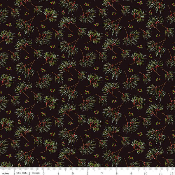 SALE Adel in Winter Pine C12263 Mocha - Riley Blake Designs - Christmas Sprigs Needles Berries - Quilting Cotton Fabric