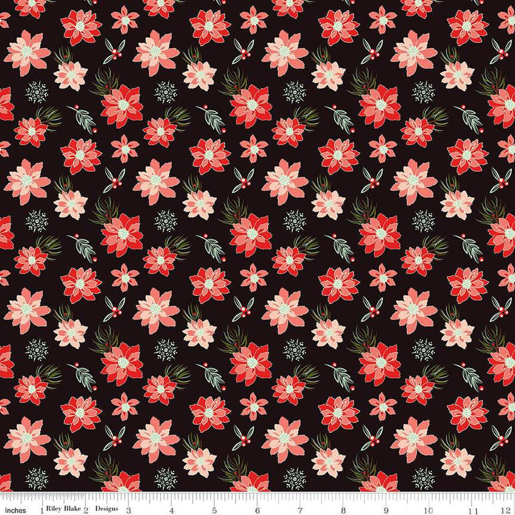 SALE Adel in Winter Poinsettias C12264 Mocha - Riley Blake Designs - Christmas Floral Flowers Berries Snowflakes - Quilting Cotton Fabric