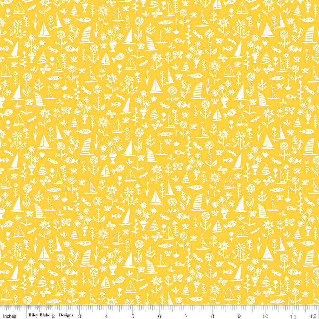 SALE Riviera Collection B Sealife C 01666455C - Riley Blake Designs - Boats Flowers Fish Yellow -  Liberty Fabrics  - Quilting Cotton Fabric