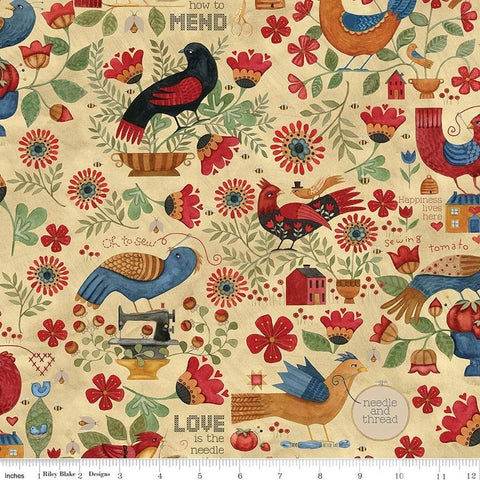 Stitchy Birds Main C12600 Parchment by Riley Blake Designs - Sewing Flowers Text Houses Beehives Folk Art  - Quilting Cotton Fabric