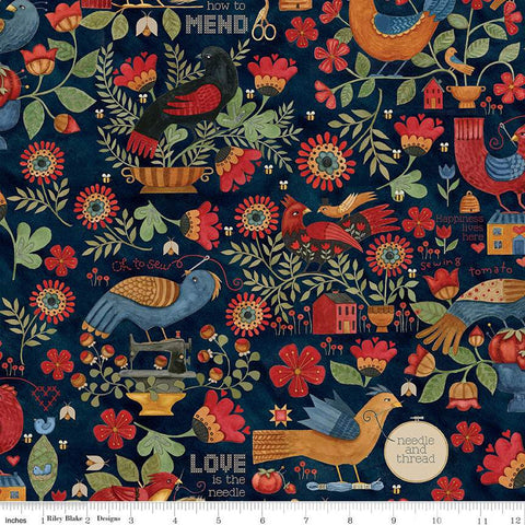 Stitchy Birds Main C12600 Midnight by Riley Blake Designs - Sewing Flowers Text Houses Beehives Folk Art  - Quilting Cotton Fabric