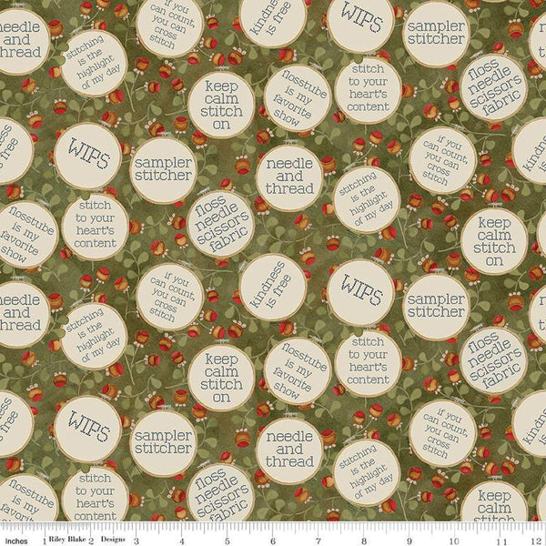 17" End of Bolt - SALE Stitchy Birds Hoops C12602 Green - Riley Blake  - Folk Art Sewing Flowers Cross-Stitch Text - Quilting Cotton Fabric