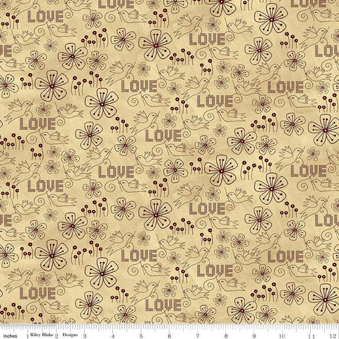 Stitchy Birds Love C12604 Parchment by Riley Blake - Folk Art Flowers Cross-Stitch Text Birds Tone-on-Tone - Quilting Cotton Fabric