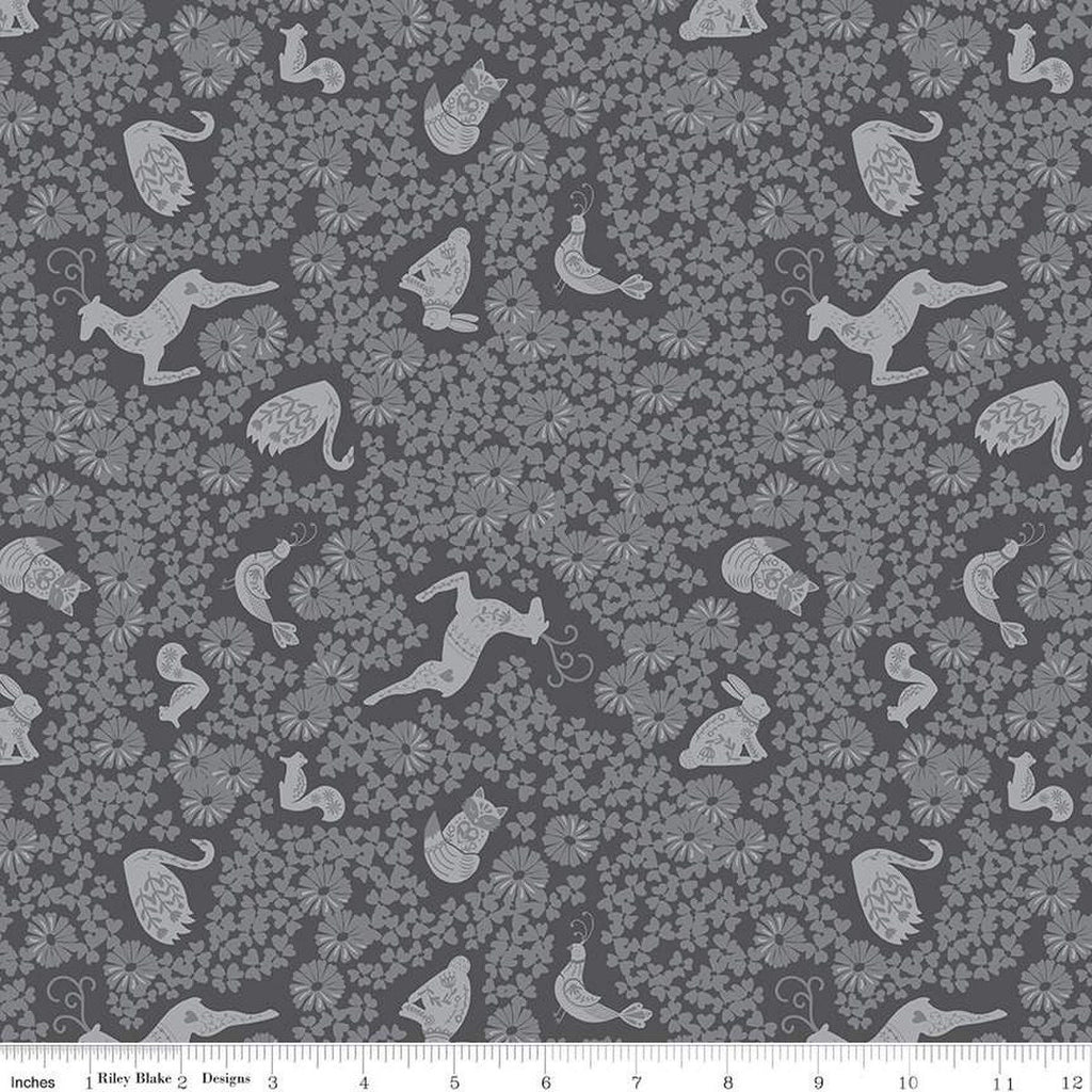 CLEARANCE Fable Tonal C12714 Charcoal - Riley Blake Designs - Animals Birds Flowers Floral - Quilting Cotton Fabric