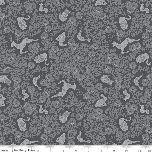 CLEARANCE Fable Tonal C12714 Charcoal - Riley Blake Designs - Animals Birds Flowers Floral - Quilting Cotton Fabric