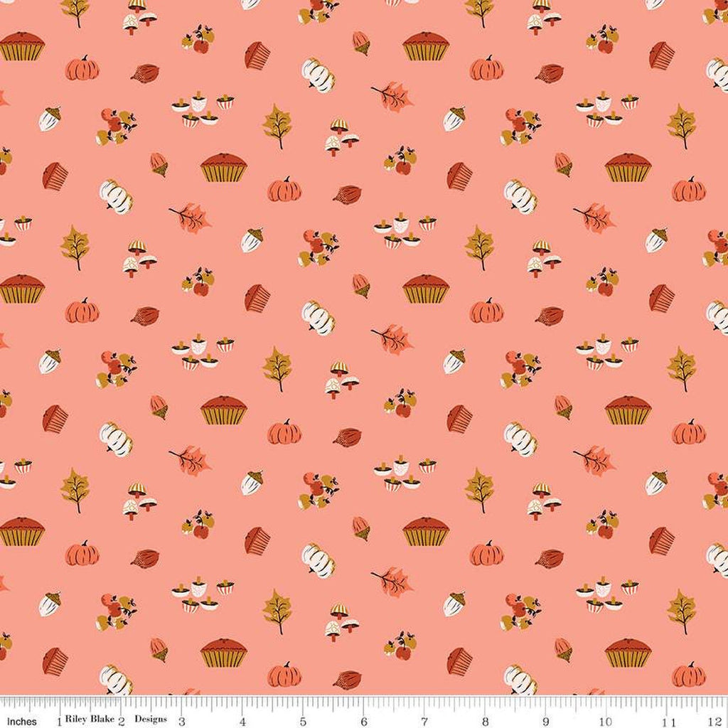 CLEARANCE Maple Harvest C12473 Coral - Riley Blake Designs - Pumpkins Leaves Pies Acorns Apples Mushrooms - Quilting Cotton Fabric