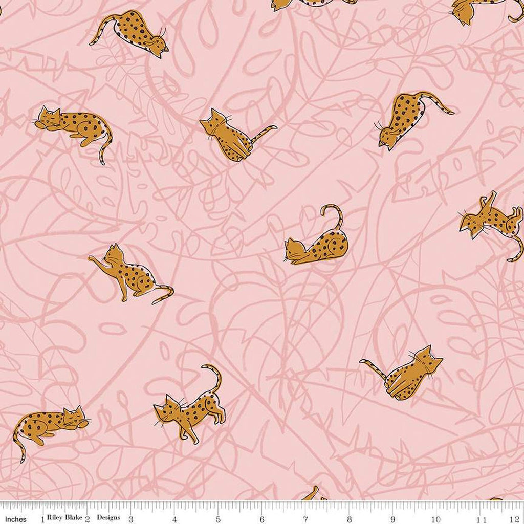SALE Leafy Keen Cats C12641 Pink - Riley Blake Designs - Cat Leaves Scribbles - Quilting Cotton Fabric