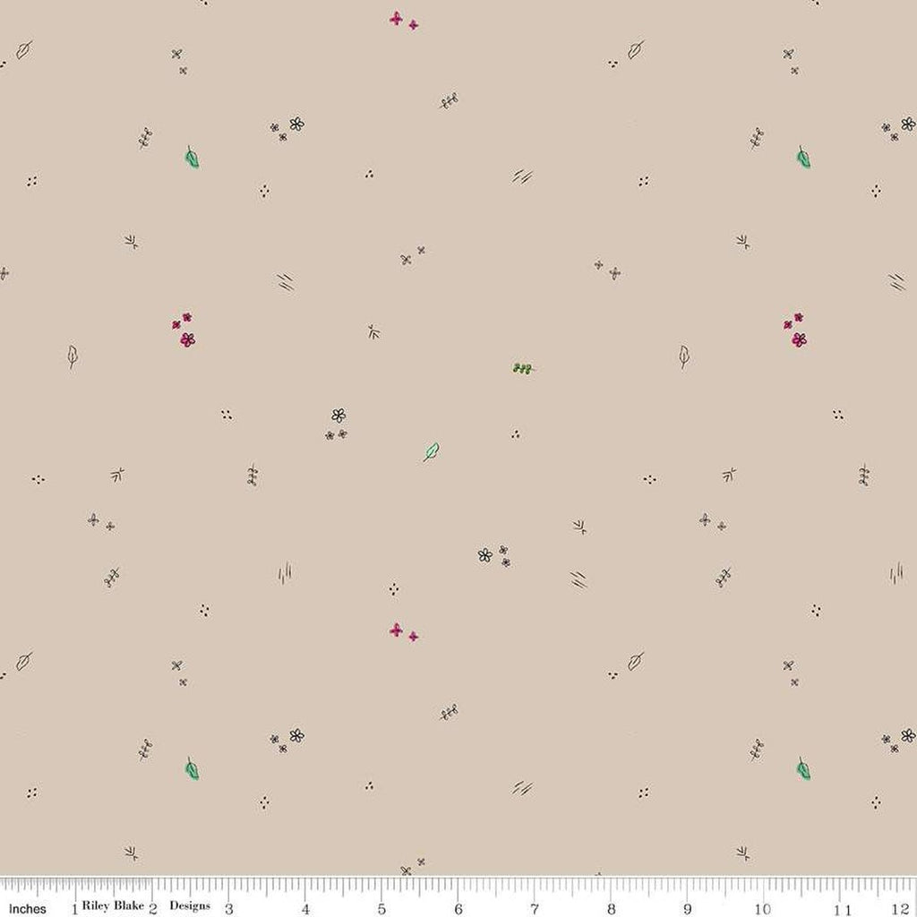 SALE LINEN Leafy Keen Toss LN12645 Tan - Riley Blake Designs - Flowers Crosses Leaves Dots - Quilting Cotton Fabric