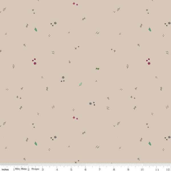 SALE LINEN Leafy Keen Toss LN12645 Tan - Riley Blake Designs - Flowers Crosses Leaves Dots - Quilting Cotton Fabric