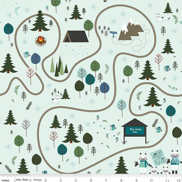 SALE Forest Friends Main C12690 Ice - Riley Blake Designs - Foxes Tents Trees Trail Outdoors - Quilting Cotton Fabric
