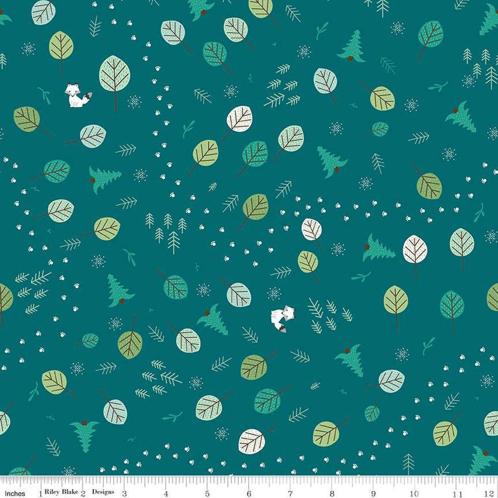 SALE Forest Friends Tracks C12691 Teal - Riley Blake Designs - Animal Tracks Leaves Trees - Quilting Cotton Fabric
