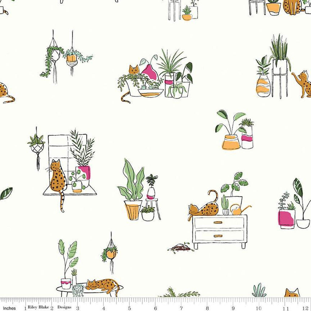 Leafy Keen Main SC12640 White SPARKLE - Riley Blake Designs - Cats Plants Antique Gold SPARKLE  - Quilting Cotton Fabric