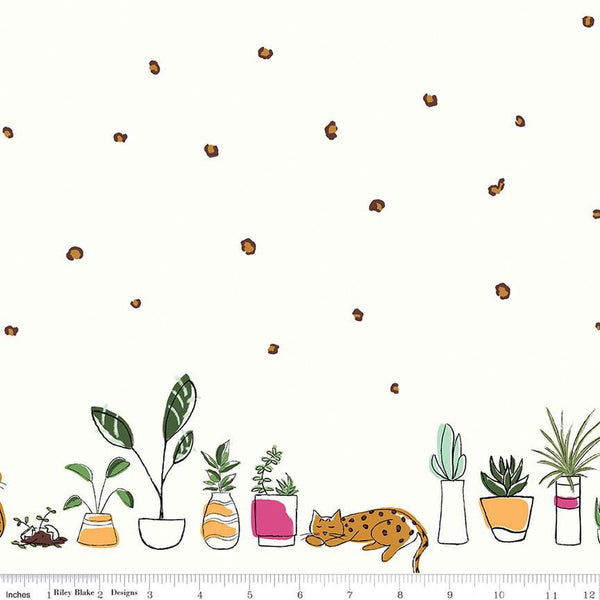 SALE Leafy Keen Border Print SC12646 White SPARKLE - Riley Blake - Leopard Spots Cats Plants Antique Gold SPARKLE - Quilting Cotton Fabric