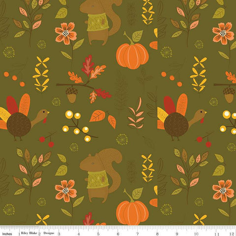 3 yard Cut- Awesome Autumn BACK WB12181 Olive - Riley Blake - 107/108" Wide - Thanksgiving Fall Turkeys Pumpkins - Quilting Cotton Fabric