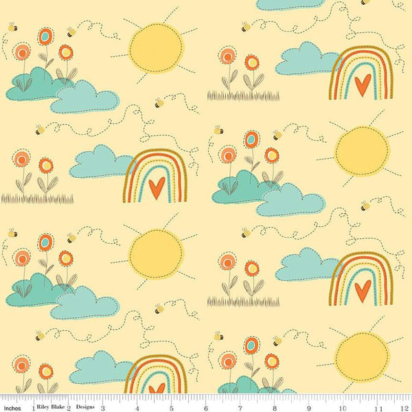 CLEARANCE Bumble and Bear Main C12670 Sunshine - Riley Blake Designs - Flowers Suns Rainbows Bees - Quilting Cotton Fabric