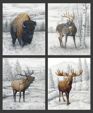 Big Game Pillow Panel PPD12978 by Riley Blake Designs - DIGITALLY PRINTED Pencil Painting Elk Deer Moose Bison - Quilting Cotton Fabric