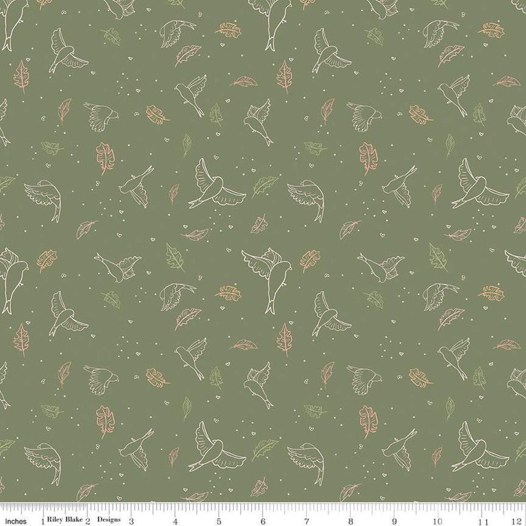 CLEARANCE Wild and Free Birds C12931 Olive - Riley Blake Designs - Line-Drawn Birds Leaves Hearts Dots - Quilting Cotton Fabric