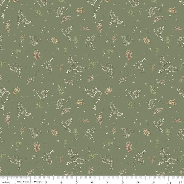 CLEARANCE Wild and Free Birds C12931 Olive - Riley Blake Designs - Line-Drawn Birds Leaves Hearts Dots - Quilting Cotton Fabric