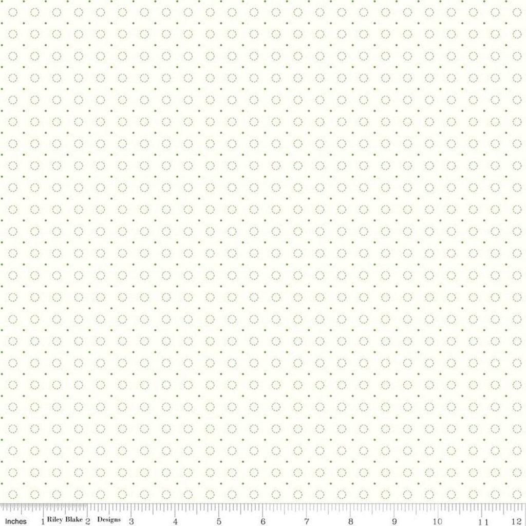 SALE Bee Backgrounds Stitched Circle C9940 Green - Riley Blake Designs - Dashed-Line Circles Pin Dots Off White - Quilting Cotton Fabric