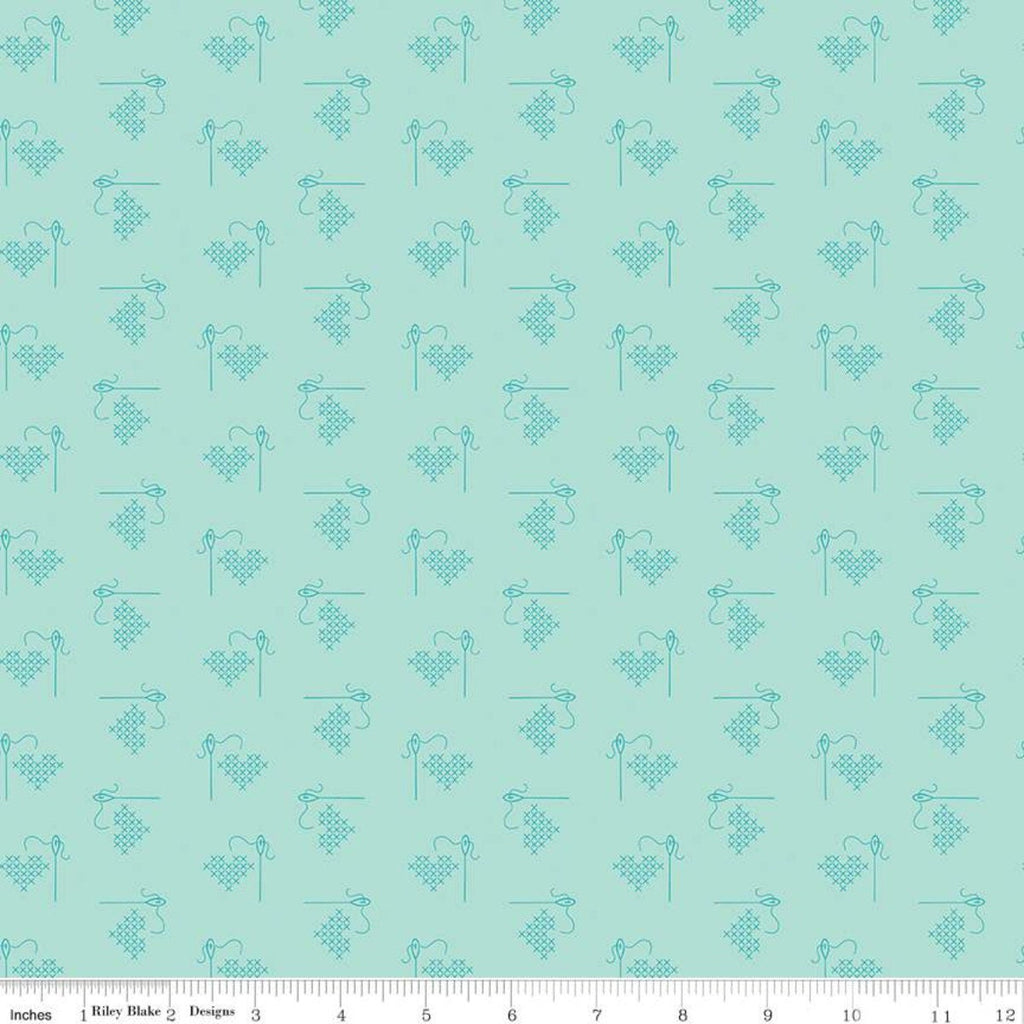 SALE Bee Basics Heart C6401 Songbird by Riley Blake Designs - Cross-Stitched Hearts - Lori Holt - Quilting Cotton Fabric