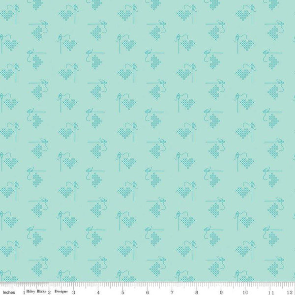 SALE Bee Basics Heart C6401 Songbird by Riley Blake Designs - Cross-Stitched Hearts - Lori Holt - Quilting Cotton Fabric