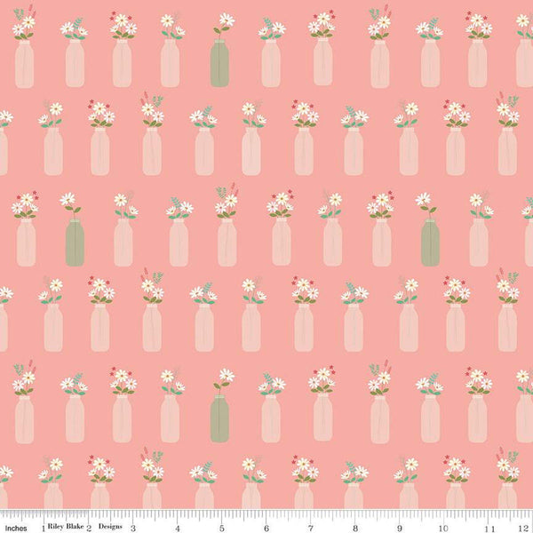 SALE Sweet Acres Vintage Milk Vases C13212 Apricot Blush by Riley Blake Designs - Glass Jars Flowers - Quilting Cotton Fabric