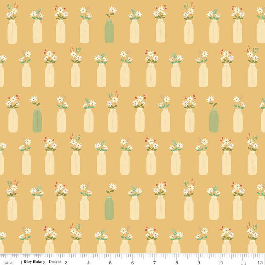 SALE Sweet Acres Vintage Milk Vases C13212 Honey by Riley Blake Designs - Glass Jars Flowers - Quilting Cotton Fabric