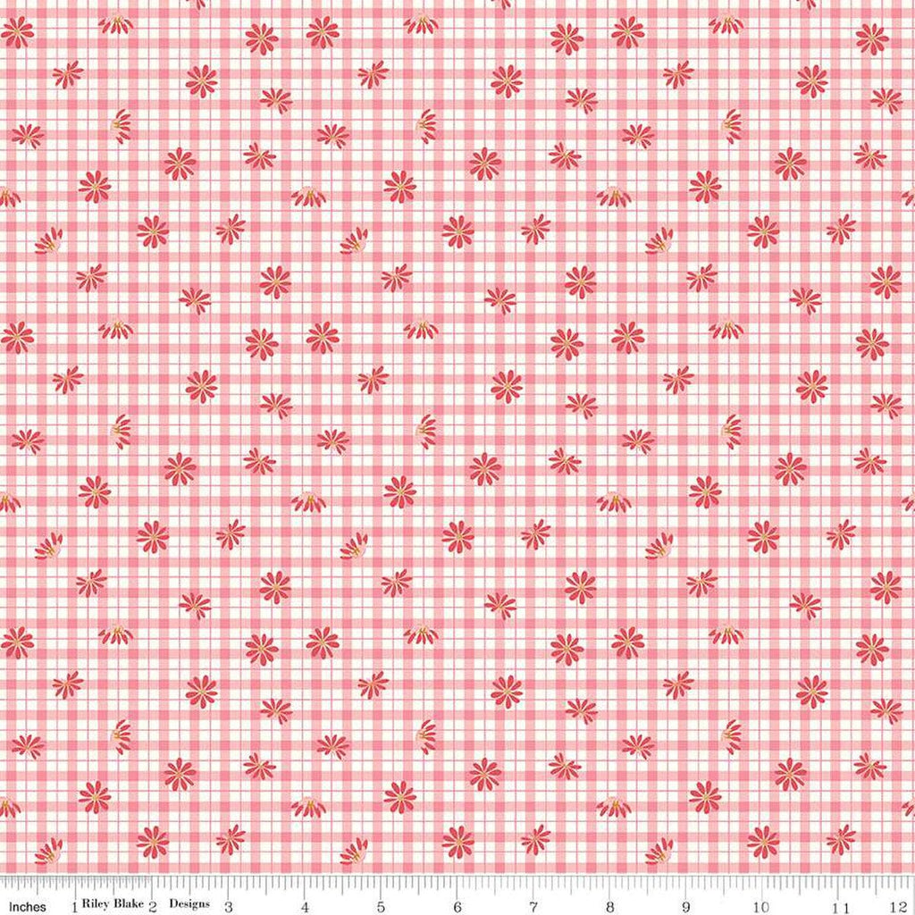SALE Sweet Acres Floral Gingham C13213 Strawberry by Riley Blake Designs - Check Checks Flowers Off-White - Quilting Cotton Fabric