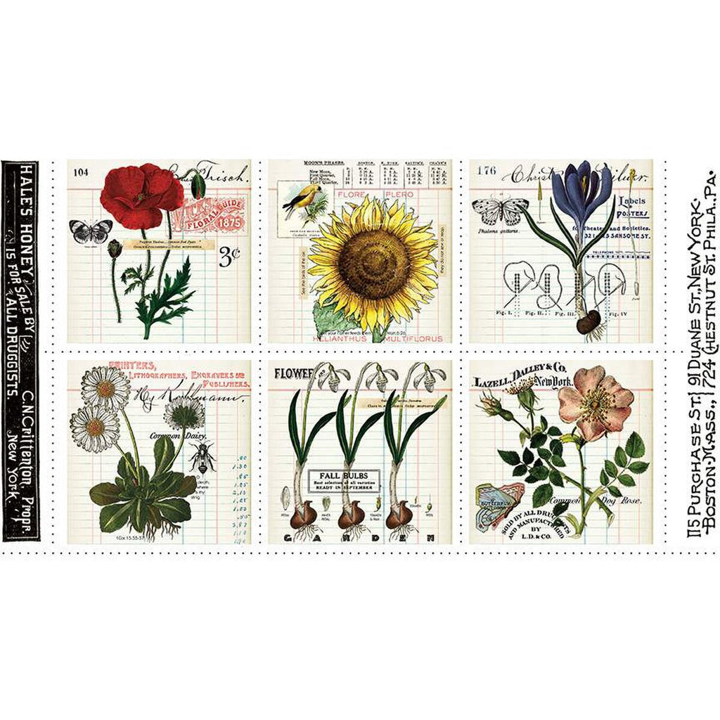 Art Journal Pages Patch Panel PD13030 by Riley Blake Designs - DIGITALLY Printed Ledger Pages Flowers  - Quilting Cotton Fabric