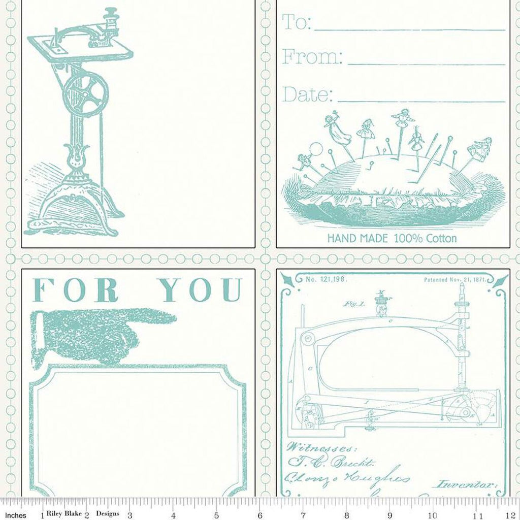 SALE Quilt Labels C13360 Aqua by Riley Blake Designs - J. Wecker Frisch - Vintage Sewing Icons - Quilting Cotton Fabric - 23 inch repeat