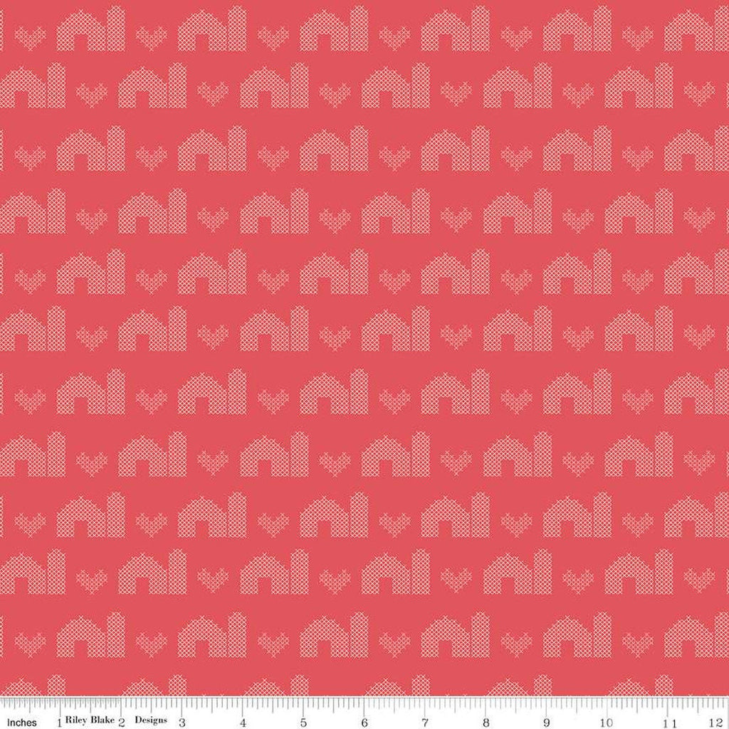 SALE Sweet Acres Barn Stitch C13214 Sunset by Riley Blake Designs - PRINTED Cross-stitched Hearts Barns - Quilting Cotton Fabric