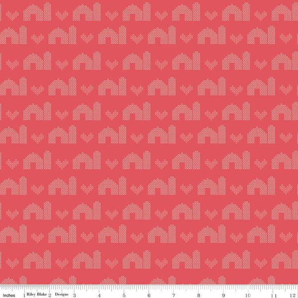 SALE Sweet Acres Barn Stitch C13214 Sunset by Riley Blake Designs - PRINTED Cross-stitched Hearts Barns - Quilting Cotton Fabric