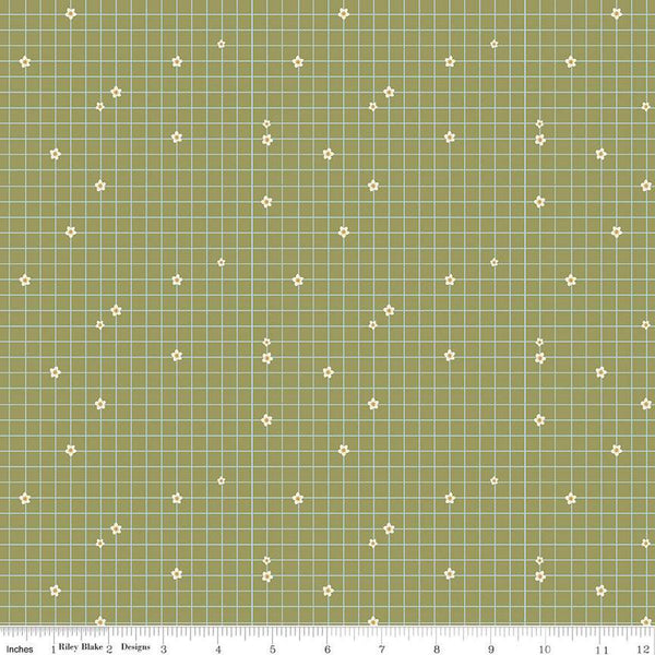 SALE Butterfly Blossom Grid C13272 Moss by Riley Blake Designs - Geometric Grid with Flowers - Quilting Cotton Fabric