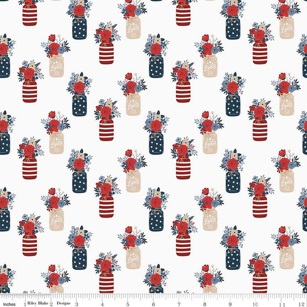 SALE Red, White and True Vases C13182 Off White by Riley Blake Designs - Patriotic Floral Flowers Jars - Quilting Cotton Fabric