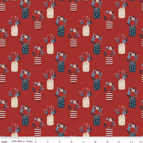 SALE Red, White and True Vases C13182 Red by Riley Blake Designs - Patriotic Floral Flowers Jars - Quilting Cotton Fabric