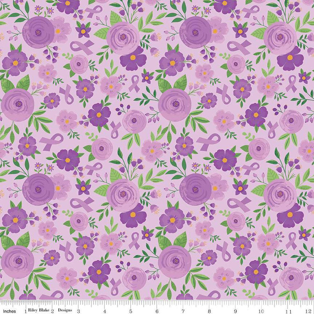SALE Strength in Lavender Floral C13221 Lavender by Riley Blake Designs - Cancer Awareness Ribbons Flowers - Quilting Cotton Fabric