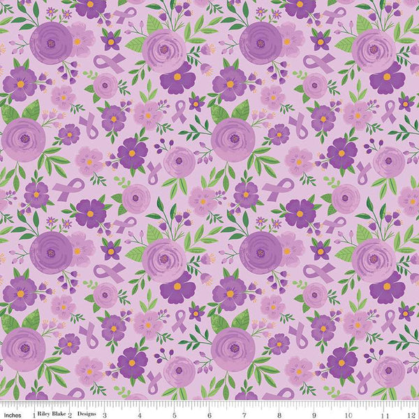 SALE Strength in Lavender Floral C13221 Lavender by Riley Blake Designs - Cancer Awareness Ribbons Flowers - Quilting Cotton Fabric