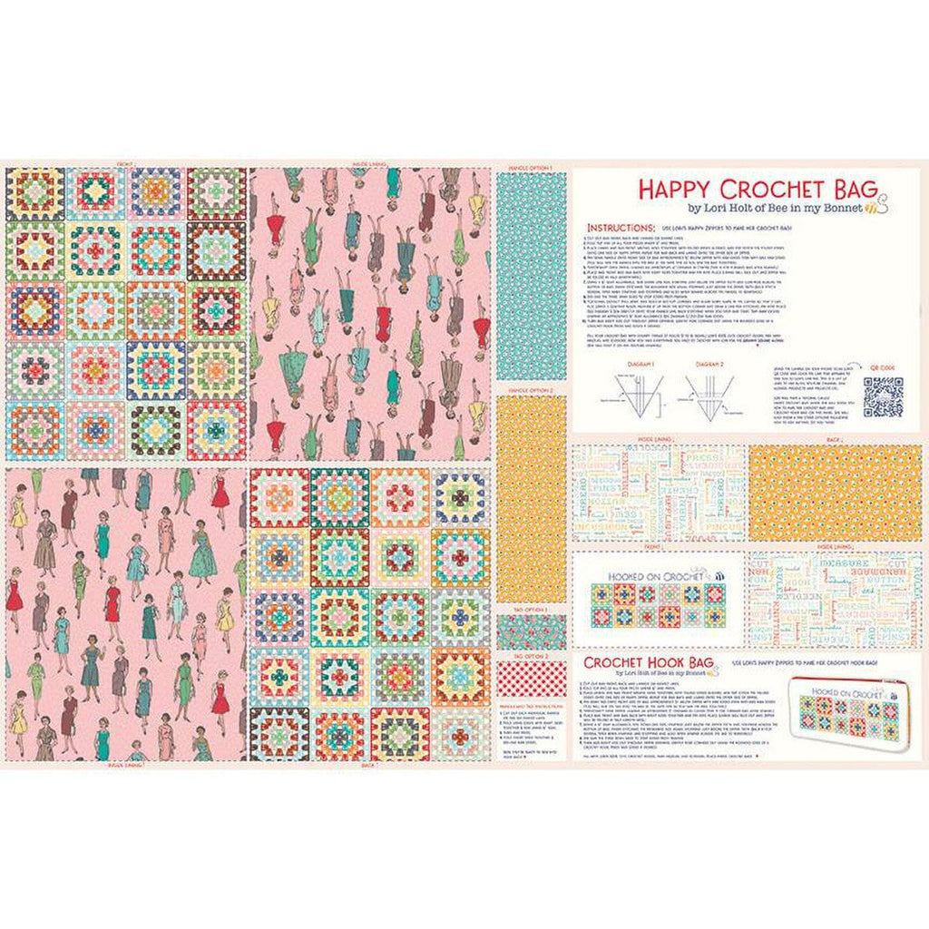 Happy Crochet Bags Home Decor LARGE Panel HD12045 by Riley Blake - Lori Holt - Lightweight Canvas Cotton